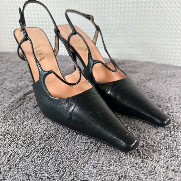 Vintage Prada Black Leather Pointed-Toe Kitten Heel Slingback Pumps - Picture 2 of 9